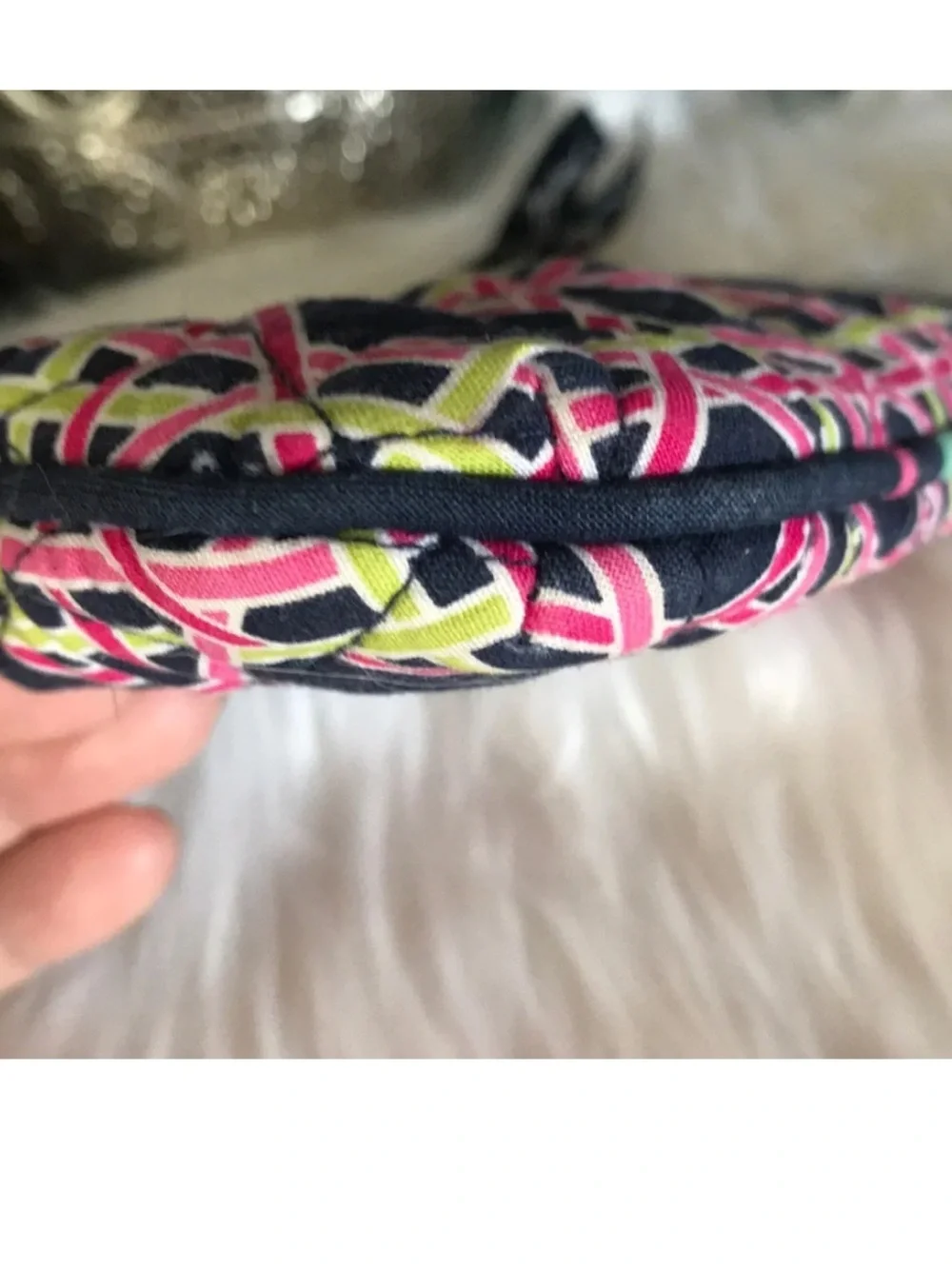 Vera Bradley Ribbons pattern zippered small cosmetics bag navy, pink green white